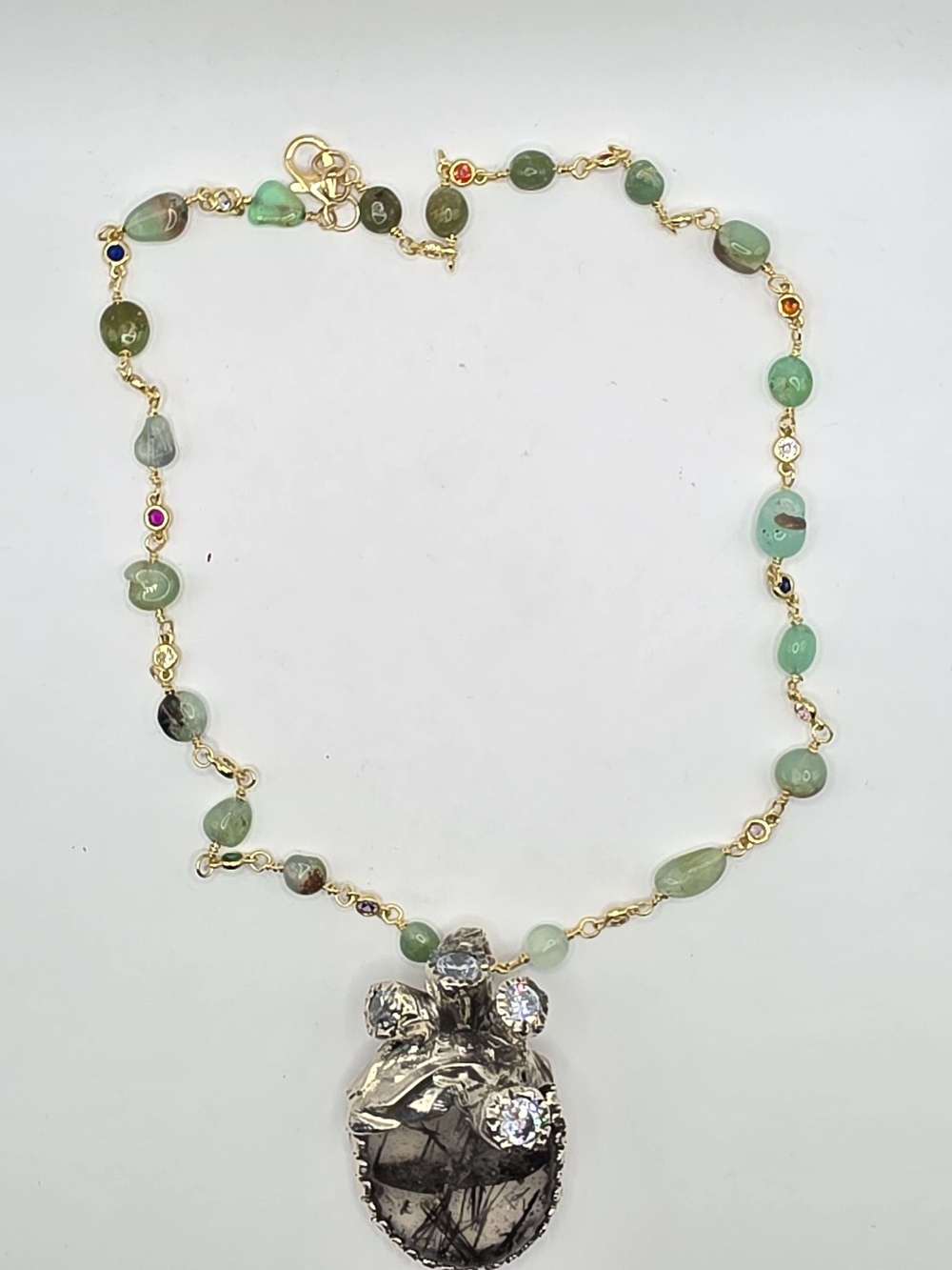 Handmade Green Gemstone Beaded Necklace with Silver Pendant